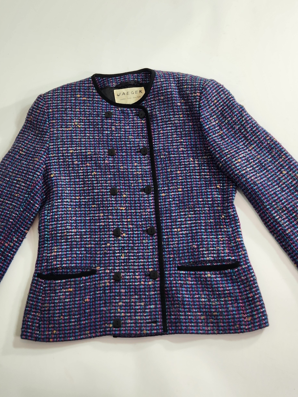 Jaeger Wool Blend Blazer Jacket size 14 Made in Great Britain Black Purple 1c